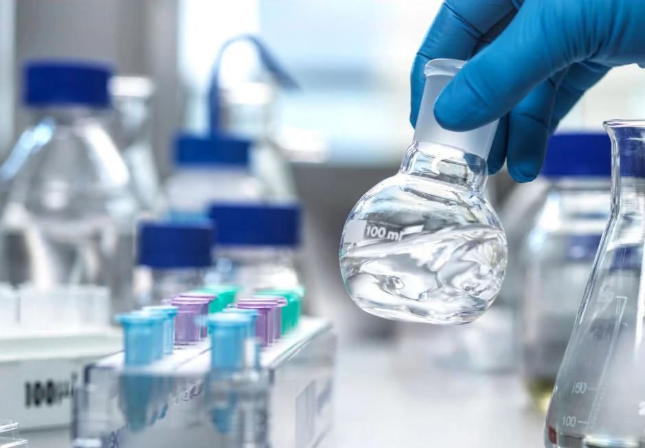 A gloved hand examines a flask containing a clear liquid, showcasing laboratory equipment in a lab setting.