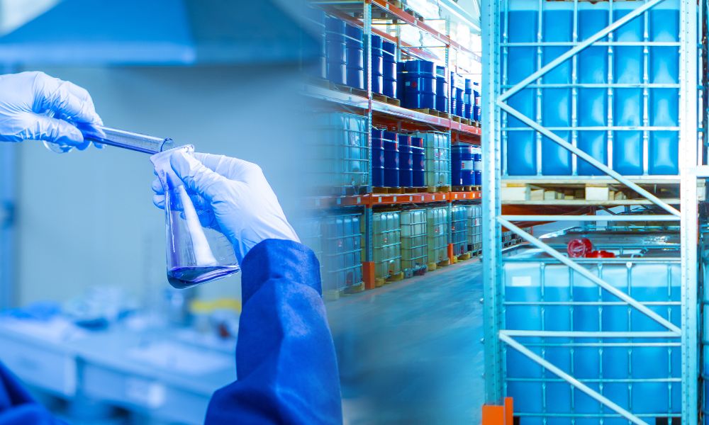 group of workers in the logistics industry work in a warehouse with chemicals